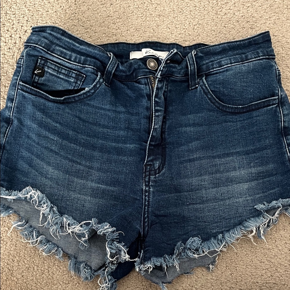 KanCan Dark Blue Frayed Jean Shorts